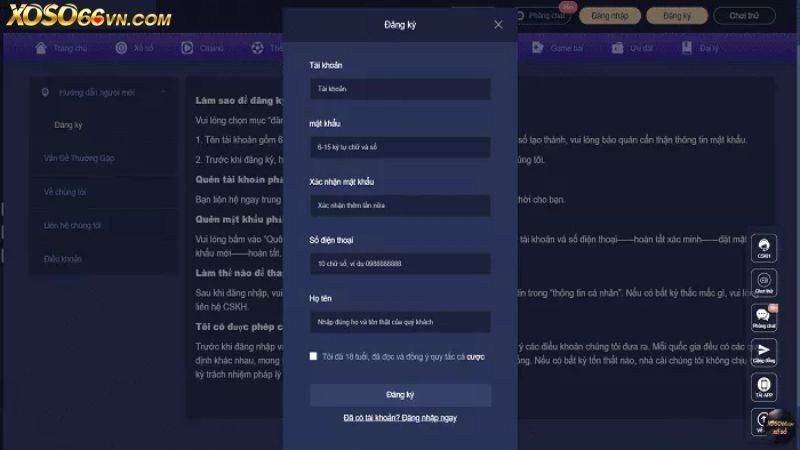 Form đăng ký thành viên Xoso66